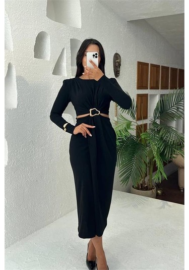 Neşeli Butik Kadın Bel Dekolteli Toka Detaylı Uzun Kollu Elbise Nbmy3655 Siyah