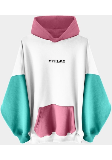 Beyaz Turkuaz Pembe Renkli Kapüşonlu Hoodie Sweatshirt Beyaz - Turkuaz - Pembe