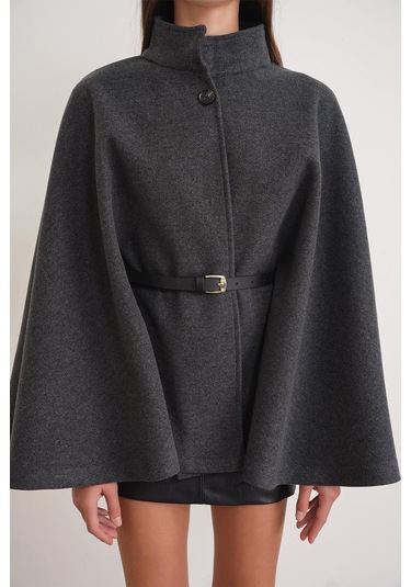 4768 Kadın Kemerli Panço Premium Kaşe Ceket Antrasit Antrasit