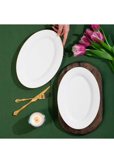 Porsima 4440 Gardenya Porselen Altın Fileli Kayık Tabak Seti - Oval Kahvaltılık Sunumluk Seti 30cm Beyaz