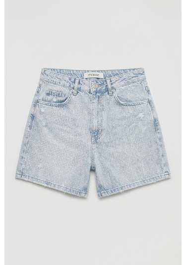 Itsbasic Kadın Ice T1-4s6-3 Mom Fit Parlak Taşlı Yıldız Baskılı Özel Tasarım Denim Şort Ice Rengi
