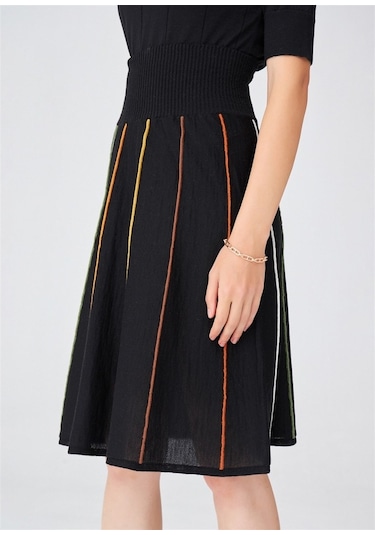 Peraluna Çizgili Yüksek Bel Bol Kesim Diz Altı Kadın Triko Etek S Siyah