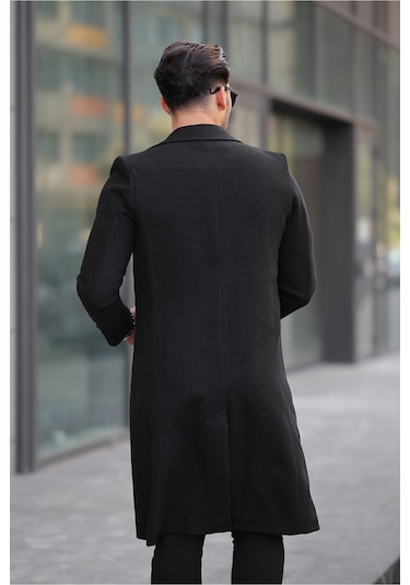 Erkek Siyah Dar Kesim Uzun Yün Karışımlı Kaşe Kaban Siyah