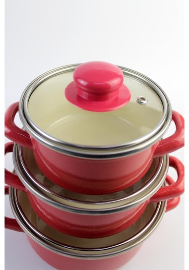 3 Lü Lüks Emaye Mini Tencere Seti Kırmızı 12/14/16cm