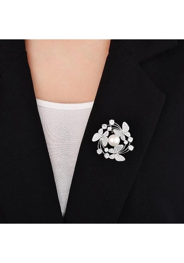 Monyee Kelebek Desenli İkiz Perl Yaka İğnesi - Kc Altın Kaplama, Zirve Eleganlığa Sahip Giyim Aksesuarı Çok Renkli