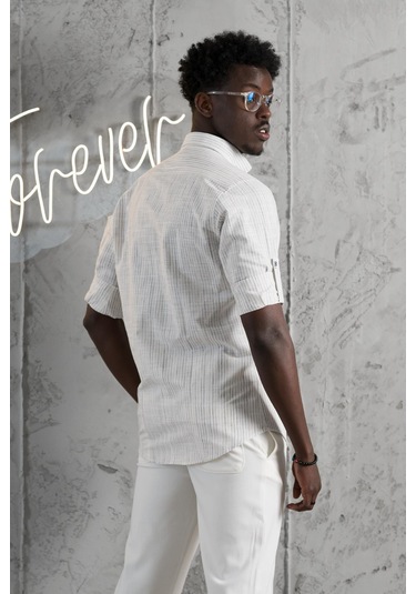 Advante İnce Çizgili Yaka Düğmeli Katlamalı Kol Pamuklu Slimfit Yazlık Keten Gömlek Gri