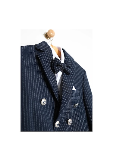 Erkek Çocuk Çizgili Ceket Gömlek Pantolon Papyonlu Takım Elbise Te.1001y Lacivert