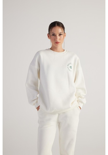 Holly Lolly 3 İplik Şardonlu Uzun Kol Bisiklet Yaka Fine Sweatshirt Ekru
