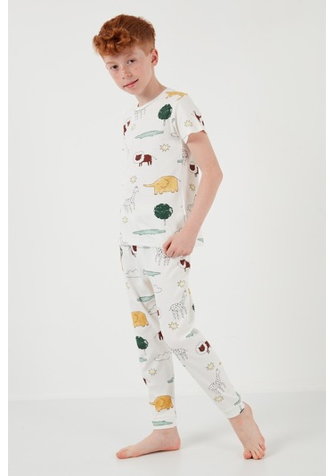 Lela Desenli % 100 Pamuk Bisiklet Yaka Erkek Çocuk Pijama Takımı 6651001 Ekru-Hardal
