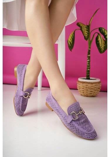 Muggo Phuket Garantili Metal Tokalı Lazerli Nefes Alabilen Deri Kadın Loafer Günlük Ayakkabı Mor