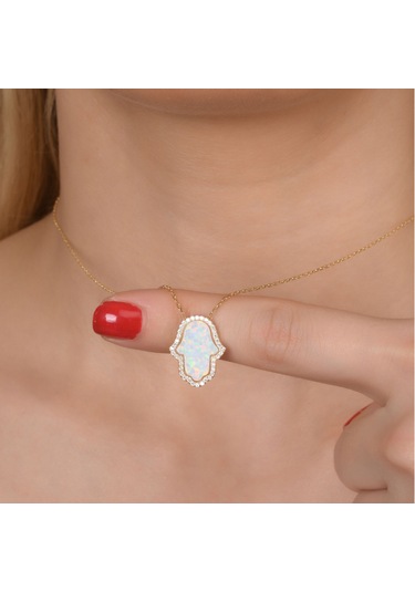 Zirkon Taşlı Pırlanta Montür Altın Kaplama Ortası Beyaz Opal Fatma Nın Eli Gümüş Kolye Gold - Rose Gold - Gümüş