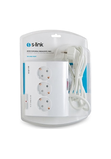 S-Link SPG9-5-15 Akım Koruma ve 2 Adet 2.1A Usb Şarj Soketli 5'li Masaüstü Grup Priz Beyaz