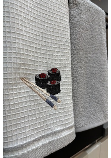 2 Li Mutfak Havlusu Seti - Açık Gri & Sushi Figürlü Kurulama Bezi - %100 Pamuk & 40x60 Cm Açık Gri