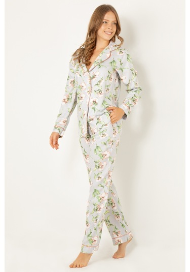 Doremi Çiçekli Doğal Viskon Soft Yumuşak Düğmeli Pijama Takımı 001