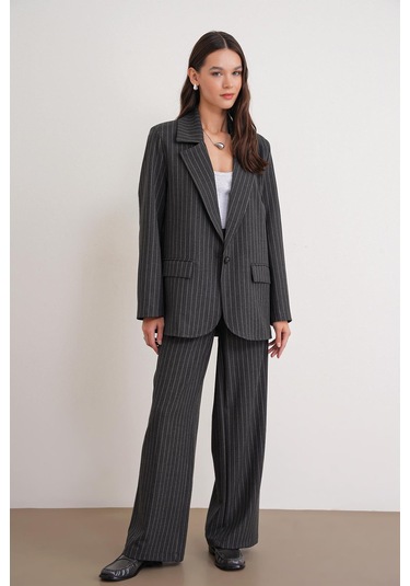 4753 Kadın Çizgili Oversize Blazer Ceket Antrasit Antrasit