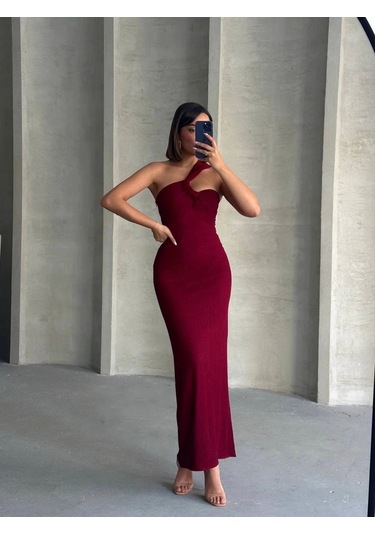 Krinkıl Tek Omuz Uzun Elbise Bordo S25455 Bordo