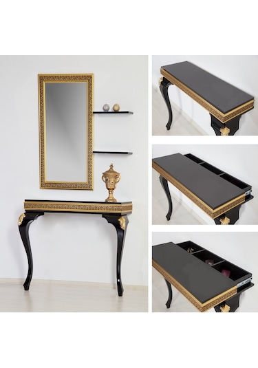 Altın Varak Dresuar Ayna ,Ferro Gizli Bölmeli Dresuar set - Ferro Siyah