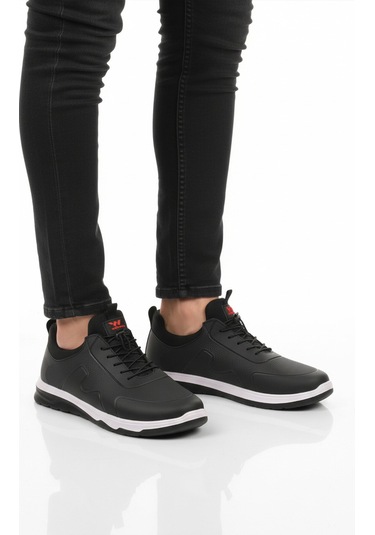 Siyah Kırmızı Lastik Bağcıklı Hafif Esnek Erkek Spor Ayakkabı Kaif 2323 M Siyah-kırmızı