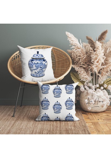 Çift Taraflı Bleu Blanc Desenli Dekoratif 2'Li Kırlent Kılıfı Set (506971515)