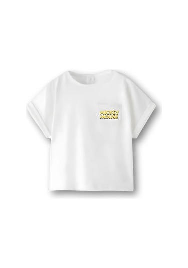 Unisex Bebek & Çocuk Mickey Mouse Baskılı Pamuklu Bisiklet Yaka Beyaz T-shirt Ve Şort Alt Üst Takım Beyaz