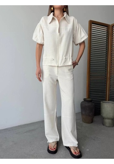 Keten Tam Fermuarlı Kısa Kollu Gömlek Pantolon İkili Takım - Beyaz Beyaz