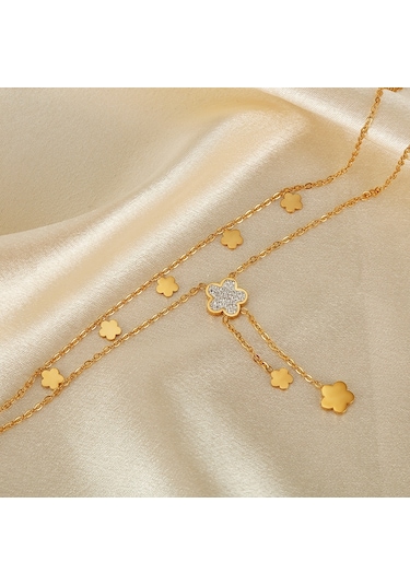 Sones Opk Gx2435 Vintage Basit Çift Katmanlı Yığılmış Püskül Çiçek Kolye Paslanmaz Çelik Kolye