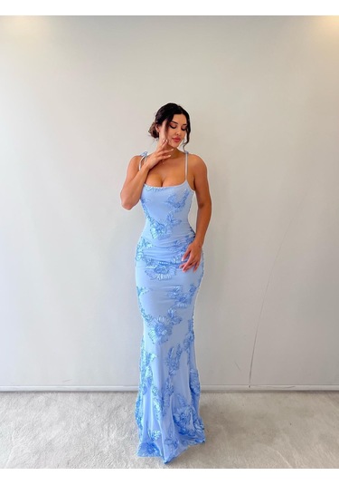 Mavi Ayarlanabilir Askılı Çiçekli Astarlı Maksi Bebek Mavi