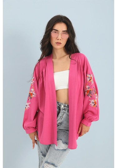 Wpr Kimono Reglan Kol Nakışlı Keten - Fuşya-fuşya Fuşya