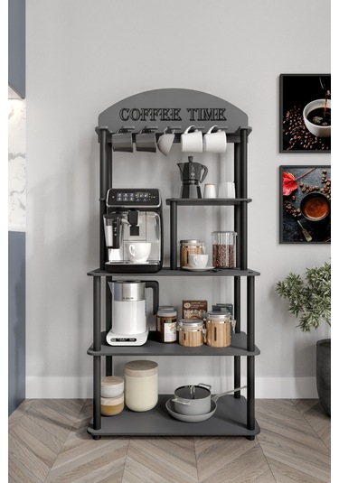 Dekoratif Çok Amaçlı Katlı Antrasit Gri Coffee Tıme Kahve Köşesi 39 Cm X 69 Cm Tüm Kahve Makineleri Gri