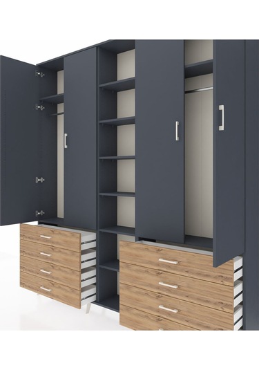 Arges Dolap 10 Raflı 8 Çekmeceli 2 Askılı 220x30x243 Antrasit-antrasit/çam Antrasıt/atlas Çam