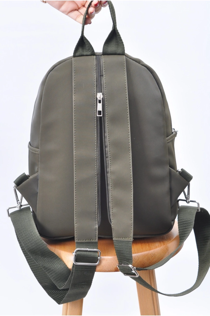 Tezzgelsin Unısex Su Geçirmez Saten Suni Deri Günlük Kullanım Sırt Çantası Haki