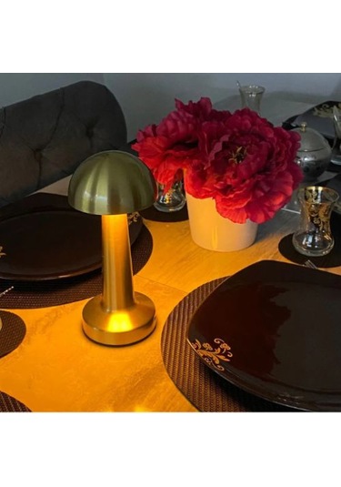 Mantar Model Dimmerli Şarjlı Retro Masa Lambası Gold Renk Işık A