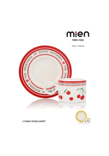 Mien 2 Li Kiraz Desenli Porselen Kahve Fincan Takımı 90 Ml Sarı Ve Kırmızı Renk Seçenekleri Beyaz