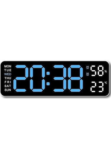 Büyük 9 İnç Led Dijital Duvar Saati - Sıcaklık, Nem, Otomatik Aydınlatma Ve Alarm Fonksiyonlu Beyaz - Mavi Beyaz - Mavi