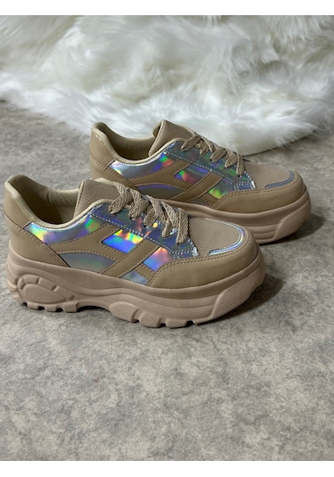 Günlük Kadın Sneaker Kalın Yüksek Taban Bağcıklı Rahat Tiger Şeritli Spor Ayakkabı 032 14- Nut Rugan Holo