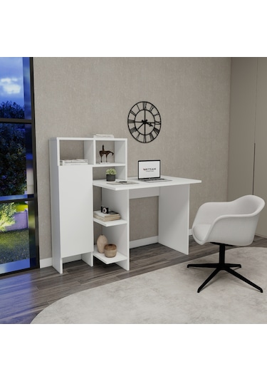 Arnetti Buğra Dolaplı Raflı Çalışma Bilgisayar Masası Beyaz