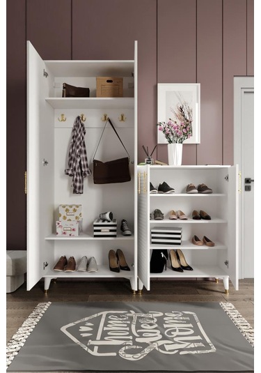 Panjurlu Metal Kulp Ask4190 Ayakkabılık Portmanto Vestiyer Beyaz Gold Beyaz - Gold