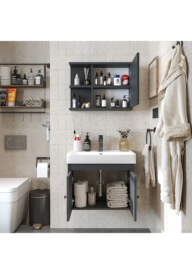 Lavabolu Mat Suntalam 60 Cm Banyo Dolabı, Aynalı Üst Dlp Antrasit