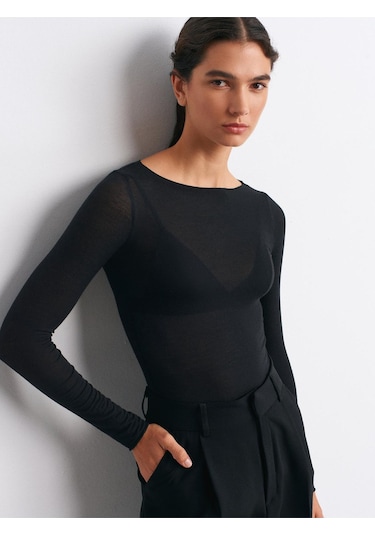 32122 Kayık Yaka Modal Kaşmir Ultra Hafif Bluz-siyah-10619 Siyah