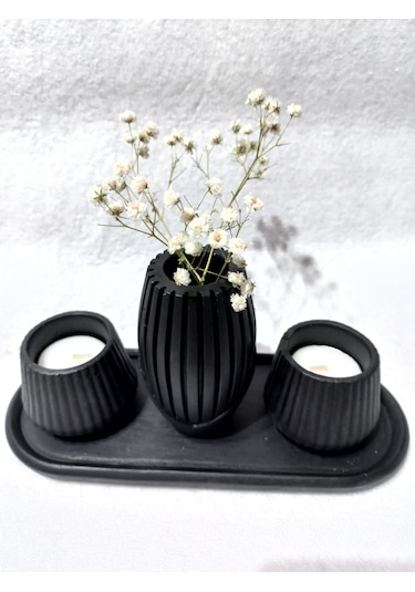 İskandinav Vazolu Tabaklı Tealight Mumluk Set Siyah Siyah