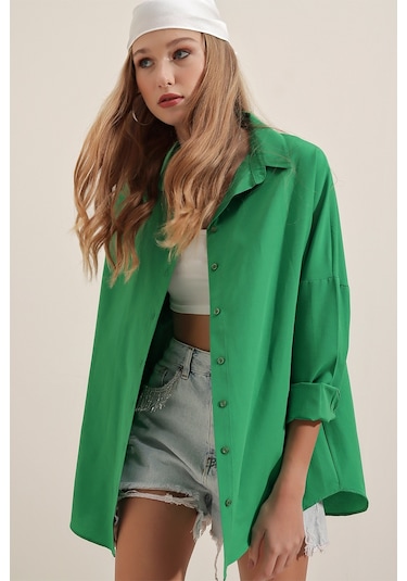 Bigdart 3900 Oversize Uzun Basic Gömlek - Yeşil 001