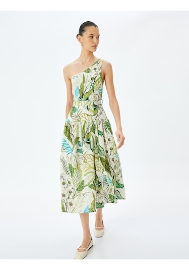 Koton Midi Boy Astarlı Viskon Çiçekli Tek Omuz Elbise Yeşil Desenli 5sak80056uw Yeşil Desenli