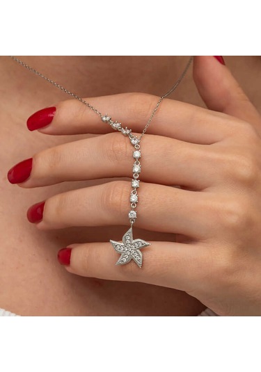Kenpazar Gümüş Sıralı Zirkon Taşlı Deniz Yıldızı Kadın Kolye Çok Renkli