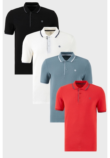 Buratti Pamuklu Slim Fit Şerit Detaylı Düğmeli Polo Yaka 4'Lü Paket Erkek T Shirt 5902118S4 Siyah-Beyaz-Kırmızı-Mavi
