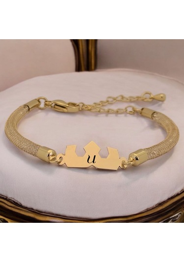 Archin U Harfine Özel Hasır Kordonlu Taç Motifli 14 Ayar Altın Plakalı Hediye Bileklik-461harf U