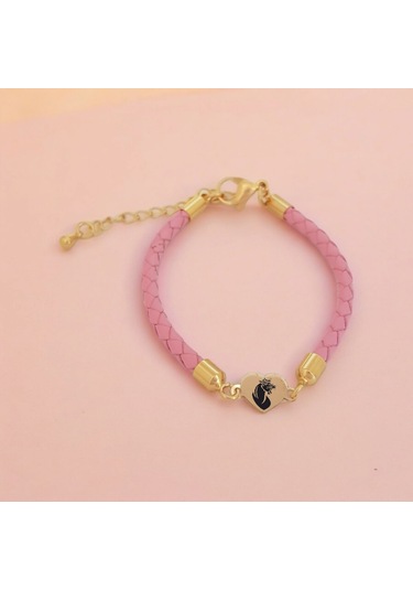 Archin Aslan Temalı 14 Ayar Altın Plakalı Pembe Derili Kalp Figürlü Hediye Bileklik-473sembol Aslan