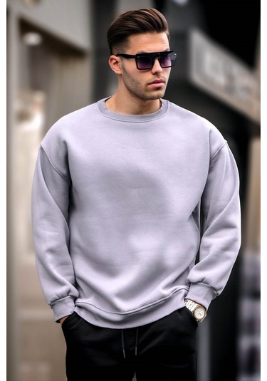 Madmext Boyalı Gri Bisiklet Yaka Oversize Şardonlu Basic Erkek Sweatshirt 6048-boyalı Gri Boyalı Gri