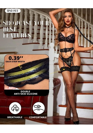 Kadın Siyah File Silikonlu Jartiyer Çorabı Çok Renkli