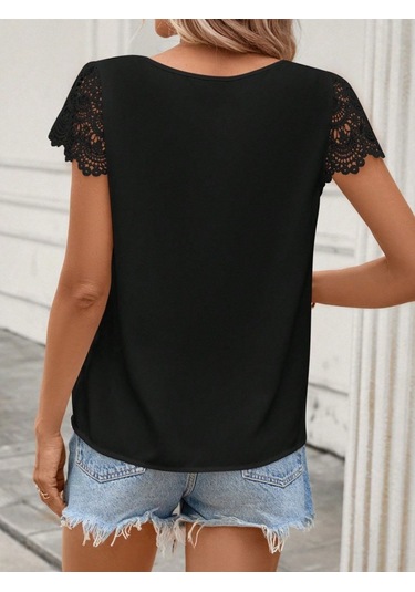 Munn Collection Kadın Kısa Dantel Kollu Bisiklet Yaka Sandy Bluz Siyah