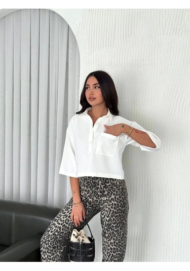 Crop Yakalı Gömlek Üç Çeyrek Sleeve Kol - Beyaz Beyaz